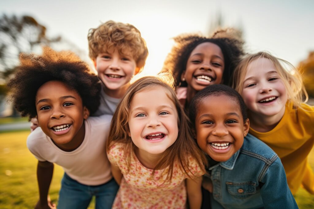 Group of elementary kids, a school bus and a boy on a bus